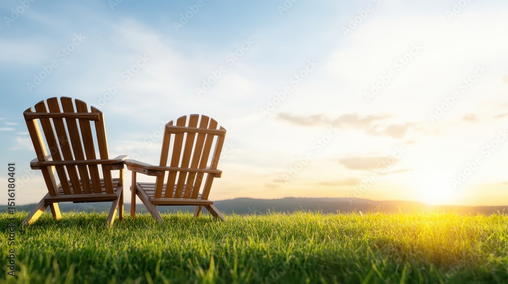 Two wooden chairs placed in a lush green field, gently illuminated by the sunset, creating a picturesque and serene setting for relaxation and contemplation. Two wooden chairs placed in a lush green field, gently illuminated by the sunset, creating a picturesque and serene setting for relaxation and contemplation.