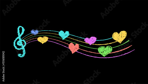 Musical key with crayon lines and hearts. Fun hand-drawn charcoal signs with stamp texture, music underline, and hearts in vibrant kindergarten color scheme. Colorful vector card illustration