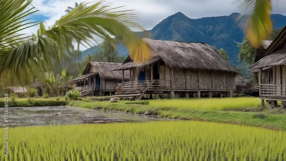 Traditional bamboo huts standing on stilts surrounded by rice paddies with a backdrop of lush green mountain scenery Traditional bamboo huts standing on stilts surrounded by rice paddies with a backdrop of lush green mountain scenery