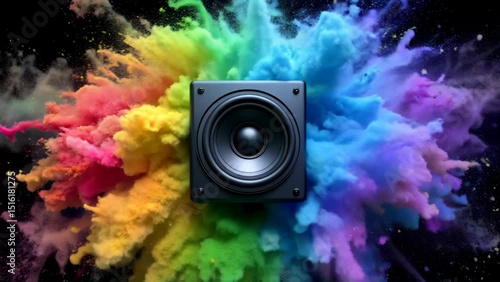 Speaker surrounded by an explosion of vibrant colorful powder. Loud sound creates a dynamic burst of rainbow hues and exciting energy. Music concept with abstract visual effects.