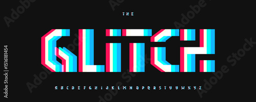 Glitch Geometric Font, Modern Geometrical Alphabet With RGB Split Effect in Blue, Red, and White on Black Background for Digital Art, Cyberpunk, Tech Design. Techno Typography. Vector typeset