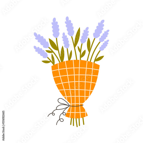 Lavender Bouquet Flat illustration. Hand drawn scented florals in checkered wrapping paper. Vector modern minimal gift greeting card element