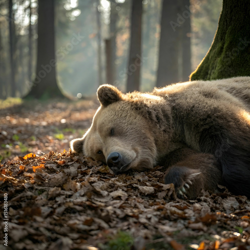 A large bear peacefully sleeping in the jungle, nestled among trees and foliage, exuding calmness, wilderness, and natural harmony.