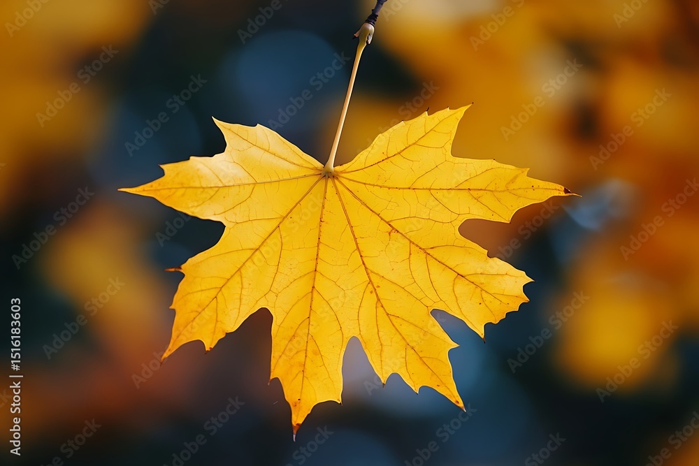 Golden maple leaf delicately hangs from the tree branch against a blurred backdrop Golden maple leaf delicately hangs from the tree branch against a blurred backdrop