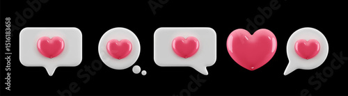 3D cartoon heart notifications icon. Social media speech bubble messages with pink hearts. Vector isolated on black background