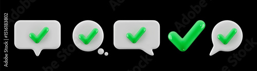 3D cartoon green check mark icon set. Speech bubbles and confirmation symbols. Vector set isolated on black background