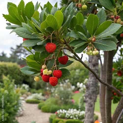 A lush strawberry tree with green leaves and bright red berries, blending ornamental beauty and edible fruit in one charming plant.