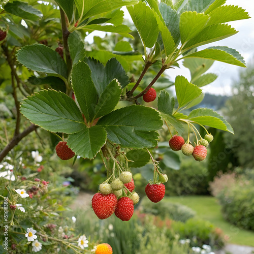 A lush strawberry tree with green leaves and bright red berries, blending ornamental beauty and edible fruit in one charming plant.