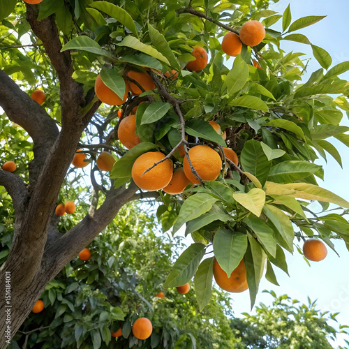 A bright, juicy orange growing on a leafy green tree branch, symbolizing freshness, vitality, and the richness of nature.