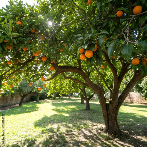 A bright, juicy orange growing on a leafy green tree branch, symbolizing freshness, vitality, and the richness of nature.