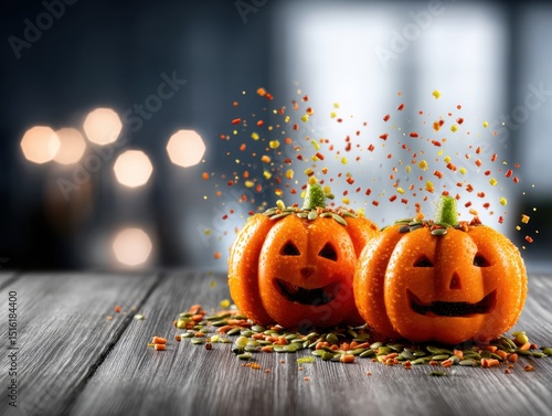 Two festive jack-o'-lantern pumpkins with smiling faces, surrounded by colorful confetti and sprinkles on a wooden table.