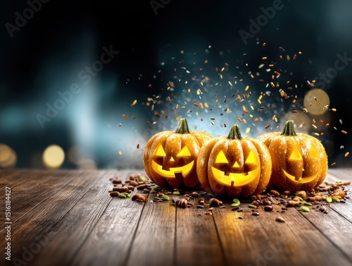 Three glowing jack-o'-lanterns on a wooden table with autumn confetti flying in a dark, festive Halloween setting.