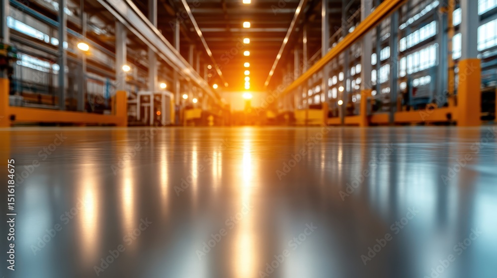 An immersive perspective of an industrial warehouse bathed in sunset light, illustrating the fusion of industry and nature with a captivating reflection on the shiny floor. An immersive perspective of an industrial warehouse bathed in sunset light, illustrating the fusion of industry and nature with a captivating reflection on the shiny floor.