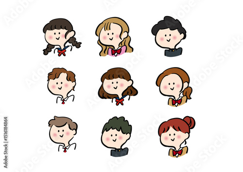 Hand Drawn Student Avatar Set with School Uniforms Boys and Girls
