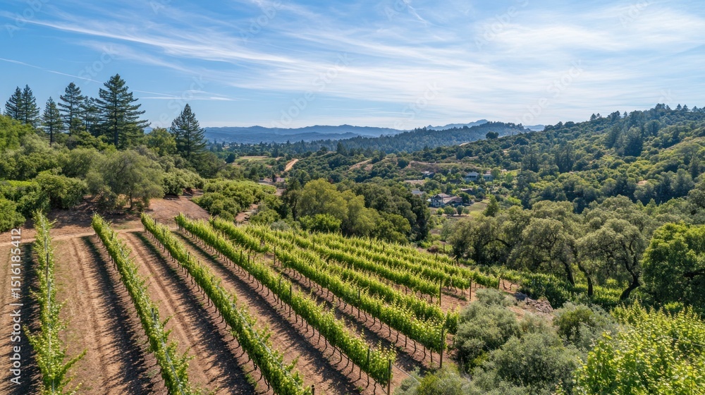 Vineyard rows stretch across a hillside, with distant mountain range Vineyard rows stretch across a hillside, with distant mountain range
