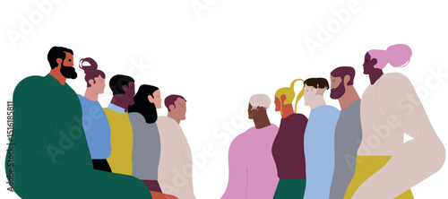 Two corporate teams, opposite competitors groups. Business confrontation, healthy competition, rivalry concept. Positive opponents communication. Flat vector illustration isolated on white background