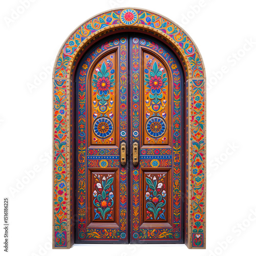 Colorful bohemian style door with hand-painted patterns, cultural symbols, vibrant palette, isolated on white background