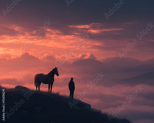 A young man with a horse standing on a hilltop at dawn, the orange and pink hues of sunrise casting a gentle light on their silent connection.