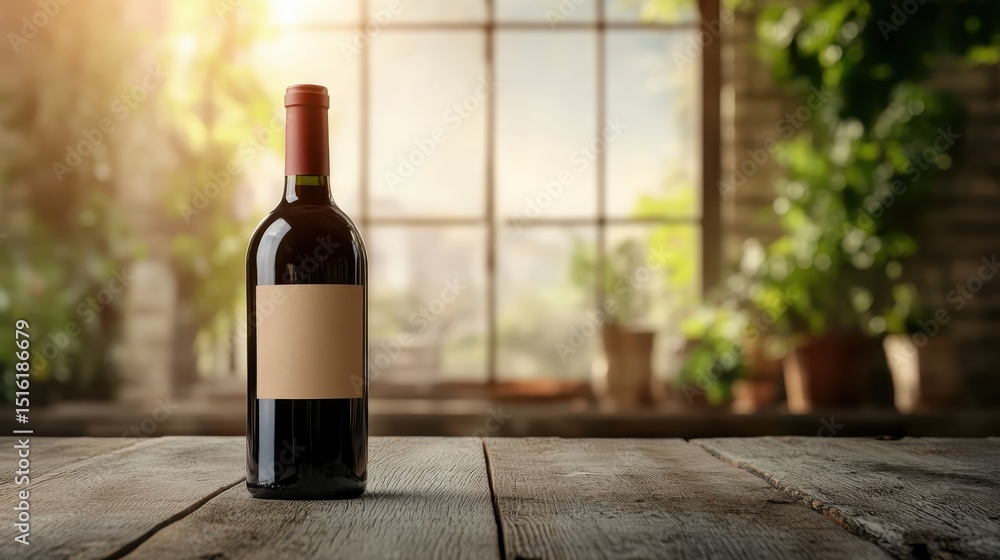 Fototapeta premium An elegant wine bottle sits on a rustic wooden table bathed in warm, natural light, creating an inviting atmosphere that reflects the beauty of fine dining and quality craftsmanship.