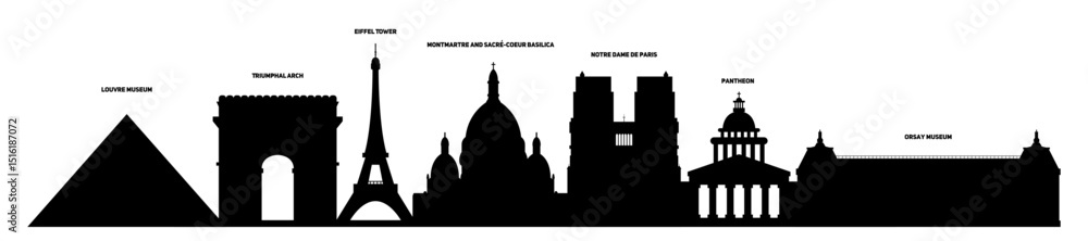 Fototapeta premium Set of Paris landmarks. Silhouettes of Louvre Museum, Triumphal Arch, Eiffel Tower, Montmartre and Sacré-Cœur Basilica, Notre Dame de Paris, Pantheon and Orsay Museum. Vector