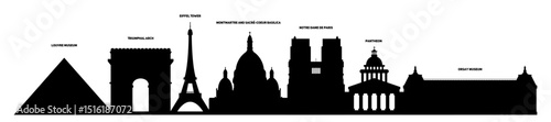 Set of Paris landmarks. Silhouettes of Louvre Museum, Triumphal Arch, Eiffel Tower, Montmartre and Sacré-Cœur Basilica, Notre Dame de Paris, Pantheon and Orsay Museum. Vector
