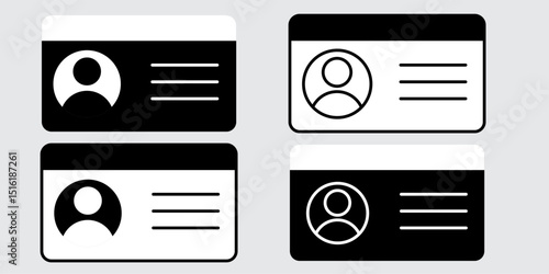 Black and white identification card and driver licence icons set perfect for government forms identity verification UI kits and personal document graphics