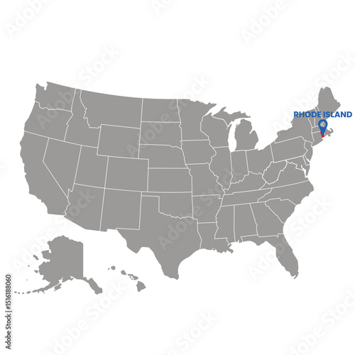 Rhode Island is highlighted on a United States map with a location marker, showing geography studies Use for education or travel related designs.