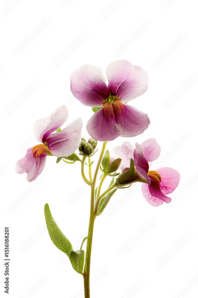 Obraz premium Delicate Pink Nemesia Flowers Blossoming Against a Clean White Background for Botanical Beauty