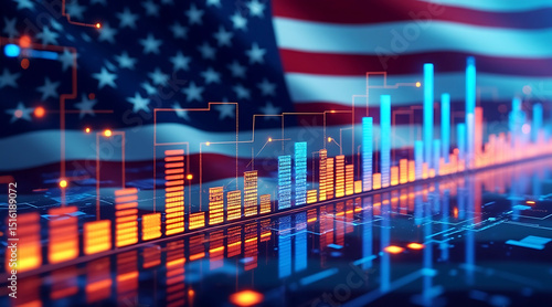 Digital representation of american economy showing financial data and growth statistics with an usa flag.
