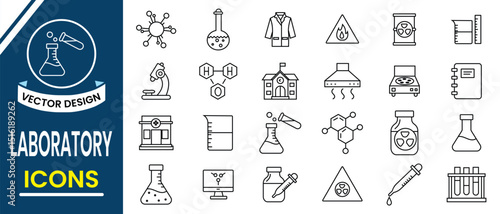 Laboratory icon set design. Collection of laboratory line editable icons such as test tube, microscope, flask, research,  research, chemical, biology lab and more. Vector illustration. 
