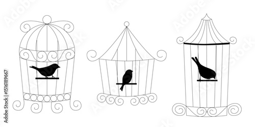 Simple bird cages set in hand drawn doodle line art style vector collection of metal cages for birds sketchy pet house illustration for decor and design