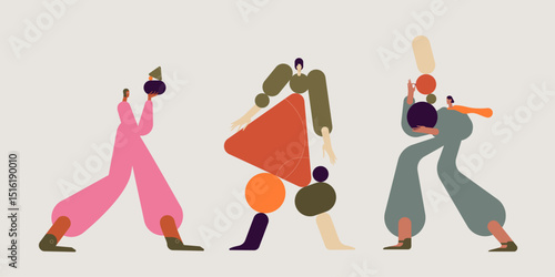 Teamwork concept flat vector illustration. Coworkers cartoon characters and abstract geometrical shapes. Businesswomen communication.