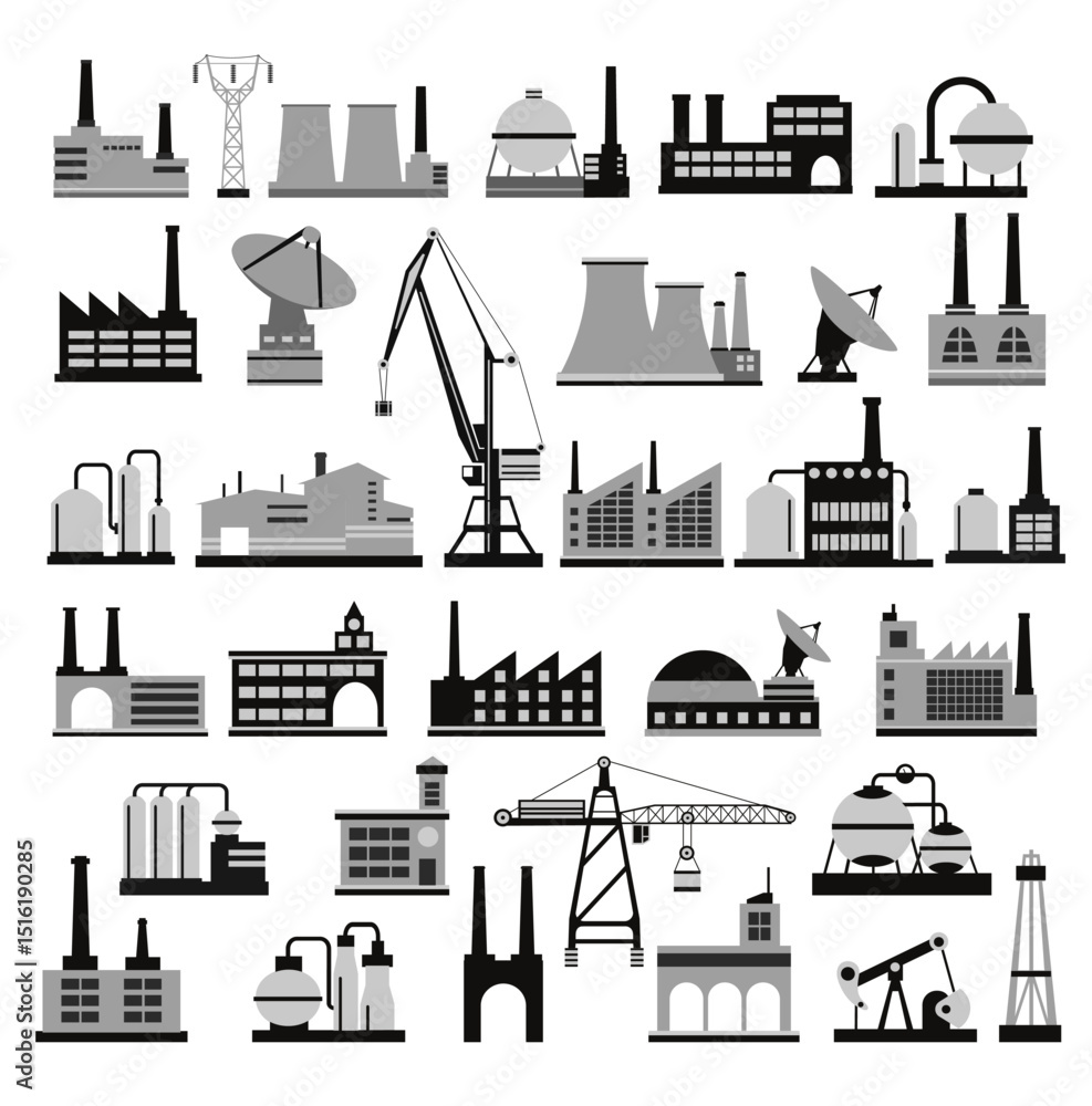Fototapeta premium Industrial buildings and manufacturing plants icons representing modern industry