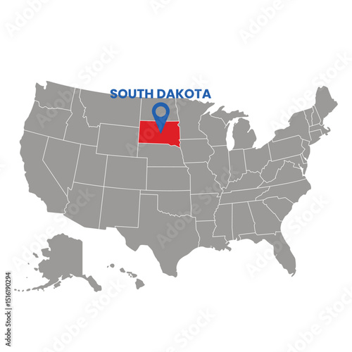 South Dakota is highlighted in red on a map of the United States with a blue location pin designating its position Useful for geography projects.