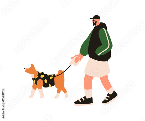 Man walking dog on leash. Male character going, strolling outdoors, leading puppy. Pet owner and canine animal, pup, companion doggy, side view. Flat vector illustration isolated on white background