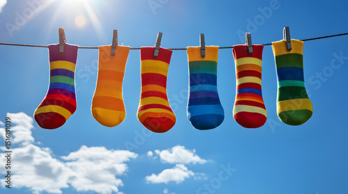 Socks hanging on a rope to dry in the summer sky