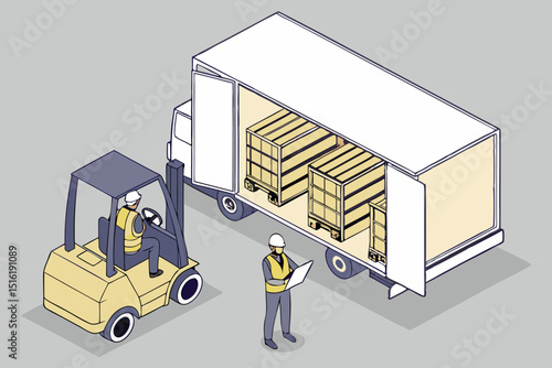 Workers load food cargo into a freight truck with a forklift and safety cones in an isometric illustration of global logistics.