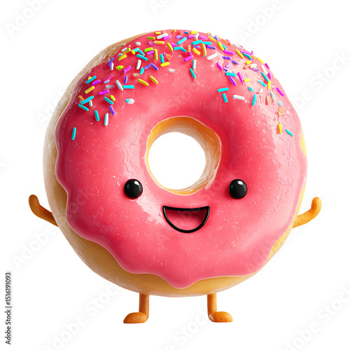 Cute Pink Donut Illustration with Sprinkles and Happy Expression PNG Transparent Background