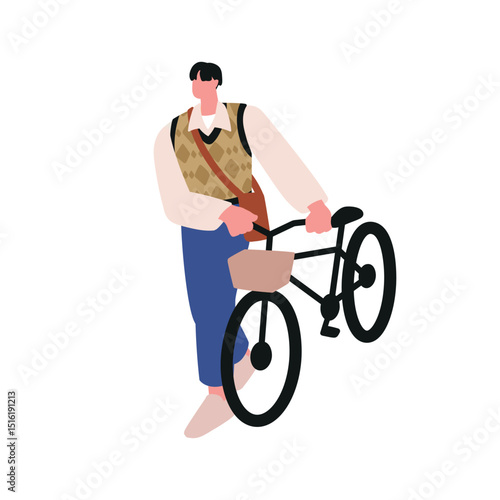 Man walking with bicycle. Young male in modern casual outfit, holding handleb...