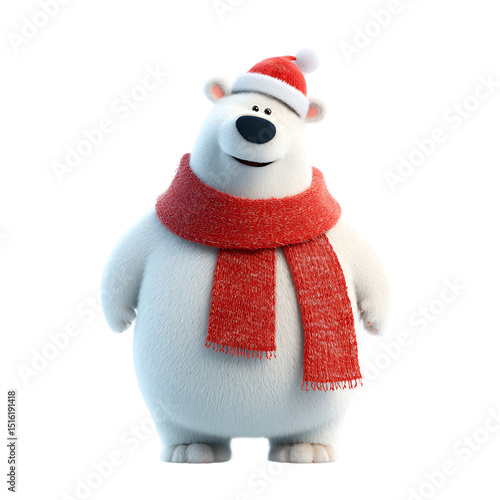Cartoon Polar Bear Wearing Santa Hat and Scarf on Transparent Background