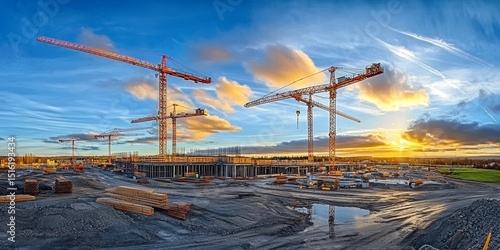 Aerial view of a large construction site featuring modern mobile cranes and bustling activity.