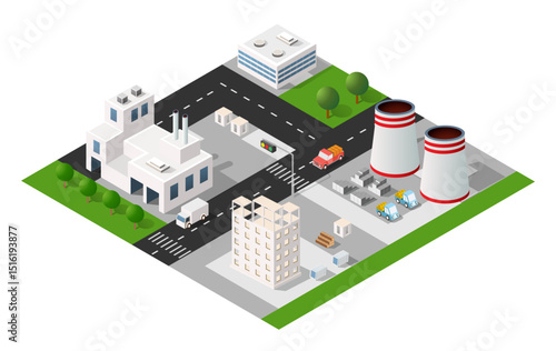 Industrial zone with factories and office buildings generating air pollution