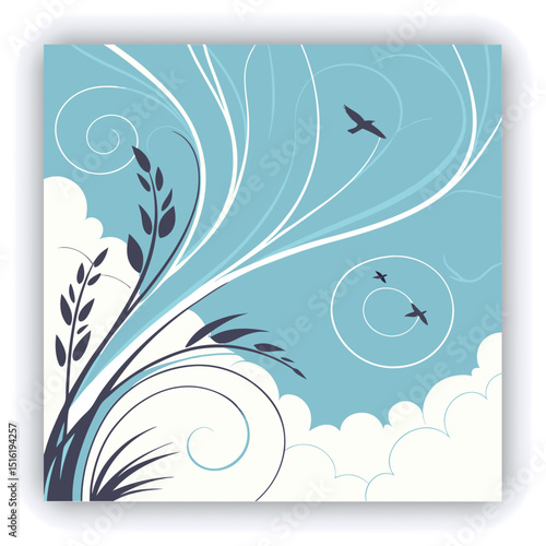 A wide shot of a vibrant, light blue sky filled with wispy, feathery clouds.  The clouds are various shades of white and light blue, with delicate, flowing lines and patterns.  The clouds appear to be