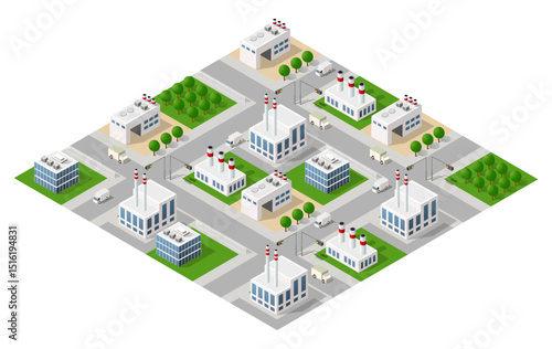 Industrial zone with factories and office buildings generating air pollution
