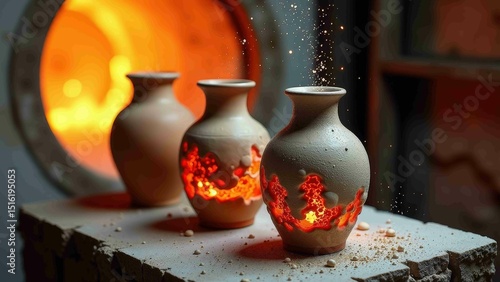 Glowing clay vases in kiln embrace art of pottery and craftsmanship.