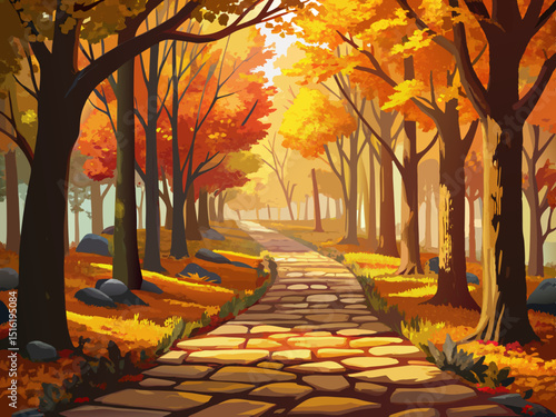 vector of A quiet path with beautiful autumn cobblestones through a golden forest with towering leafy trees and yellow leaves and sunlight showing itself.