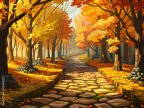 vector of A quiet path with beautiful autumn cobblestones through a golden forest with towering leafy trees and yellow leaves and sunlight showing itself.