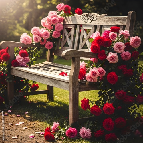 wooden bench with beautiful roses