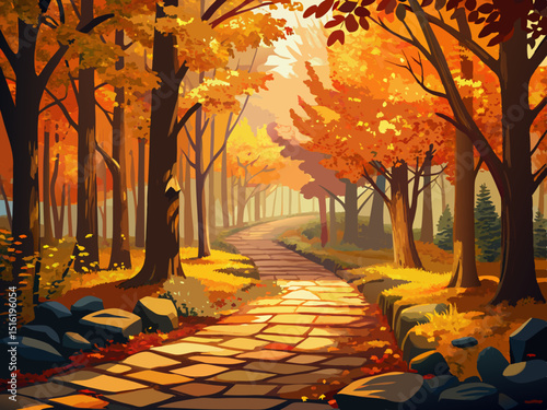 vector of A quiet path with beautiful autumn cobblestones through a golden forest with towering leafy trees and yellow leaves and sunlight showing itself.