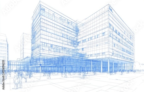 Blueprint architectural drawing of a modern office building complex